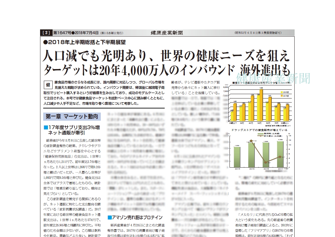 18年上半期総括と下期展望 人口減でも光明あり 世界の健康ニーズを狙え ターゲットは年4 000万人のインバウンド 海外進出も 健康産業新聞